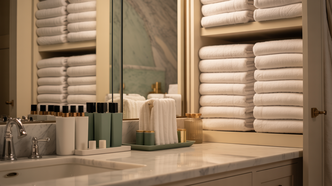 Spa-like organised bathroom with folded towels