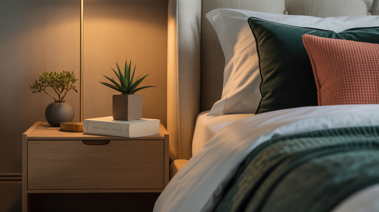 Serene organised bedroom with tidy nightstand