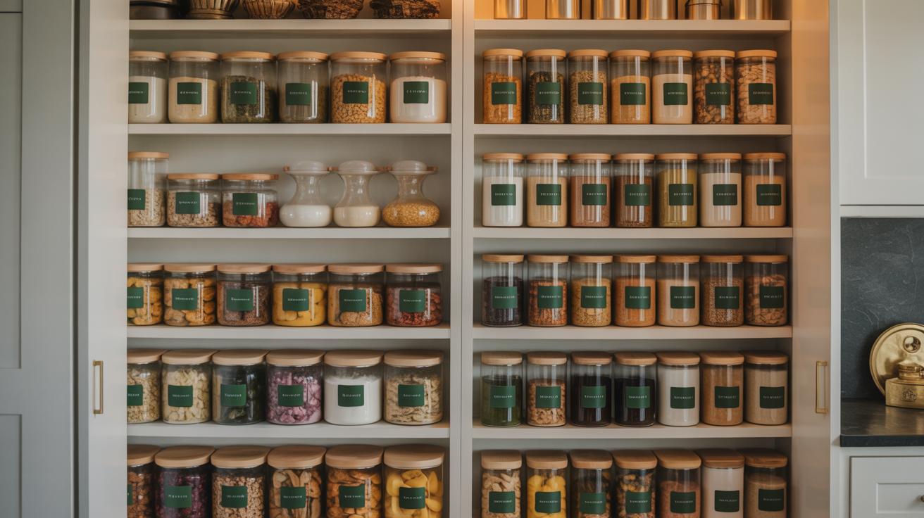 Organised kitchen pantry with labelled containers