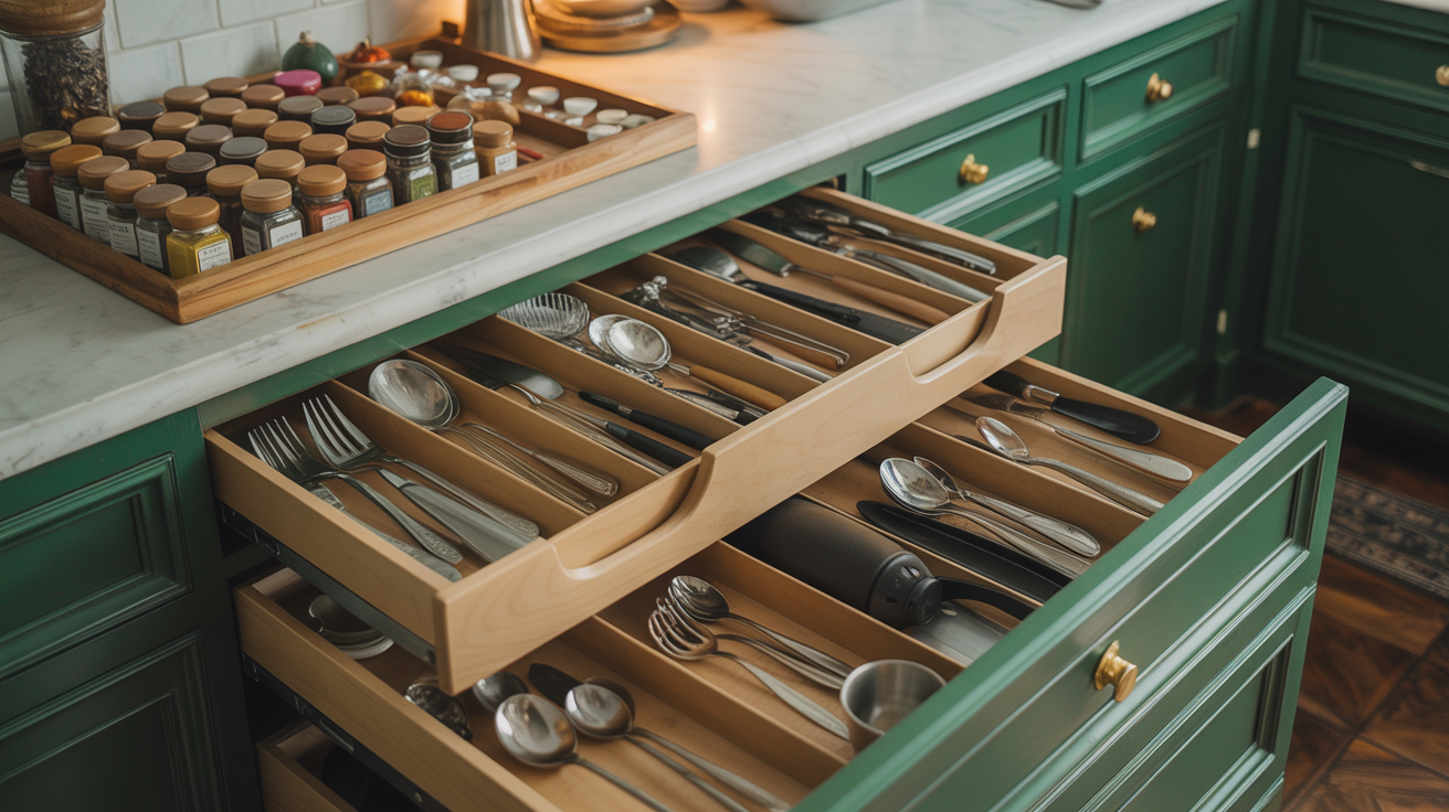 Organised kitchen drawers and spice storage