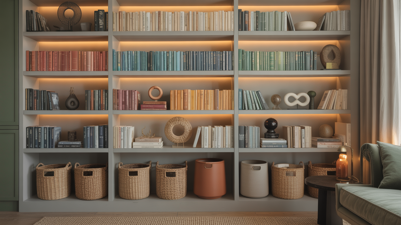 Beautifully styled living room bookshelf