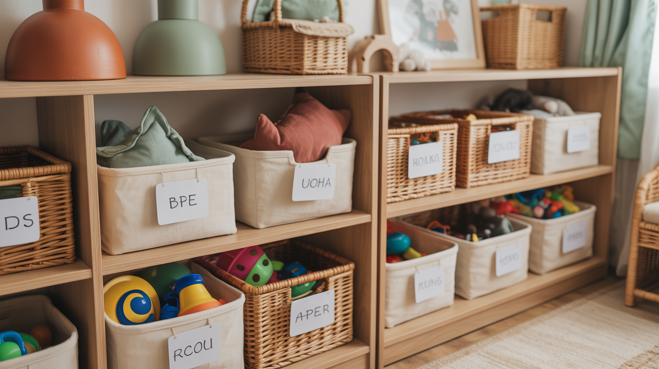 Organised children playroom with labelled storage