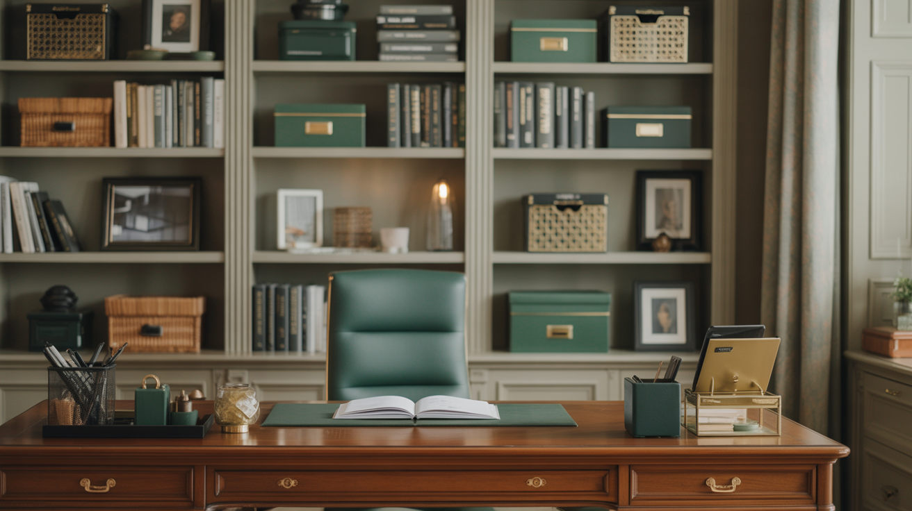 Organised home office with clean desk and shelving