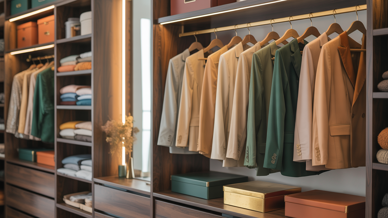 Luxury wardrobe organisation with colour-coordinated clothing
