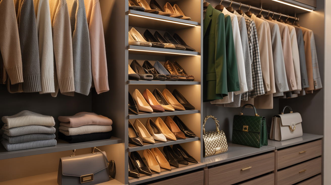 Walk-in closet with organised shoe and sweater storage